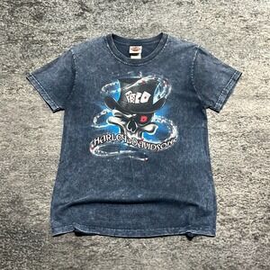 Vintage Harley Davidson T Shirt Skull Playing Cards Mens Small Blue 2007 Biker